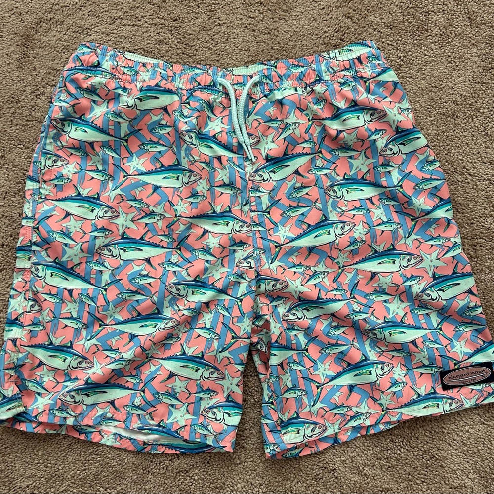 Vineyard Vines Pink and Green Swim Trunks with Tropical Flair